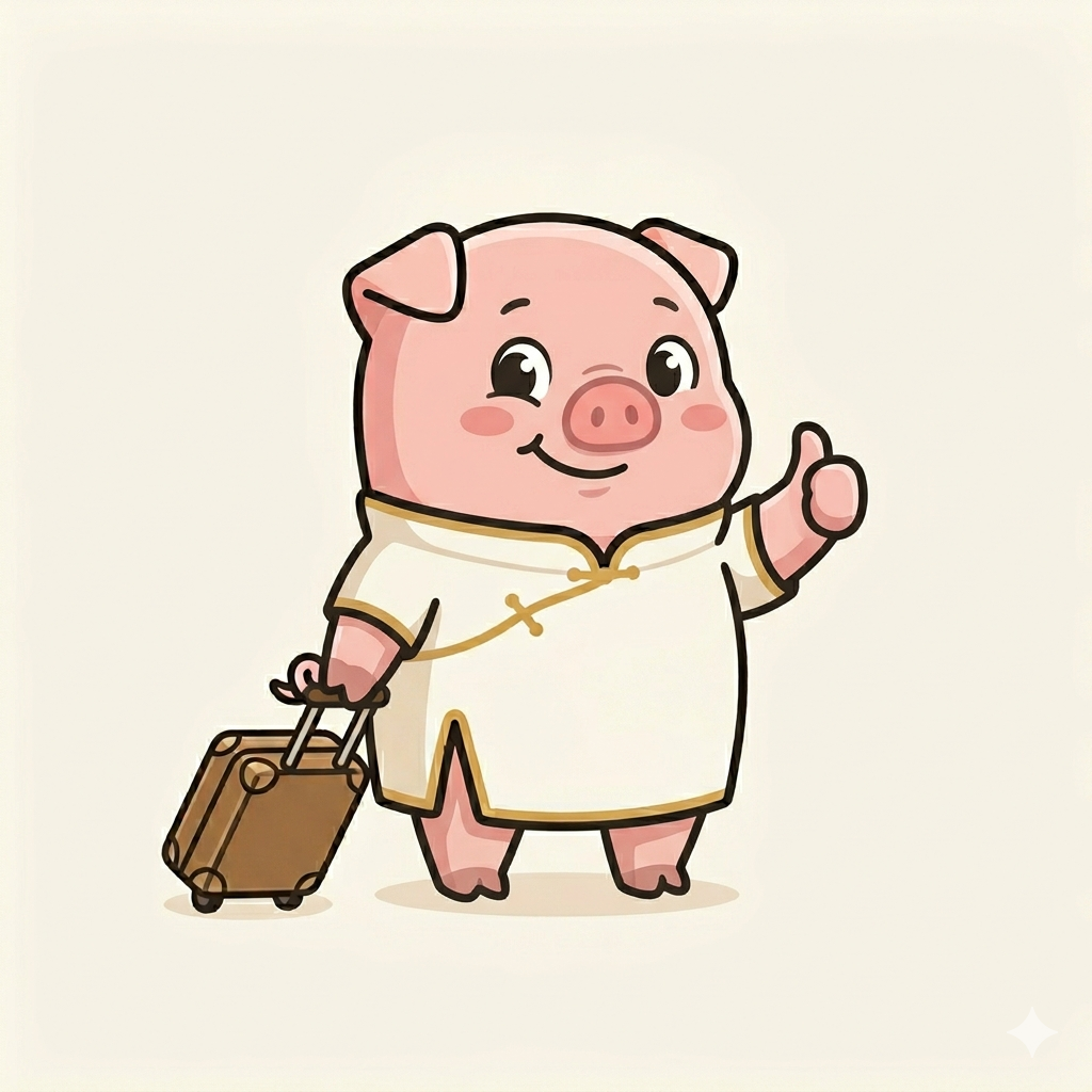 Bao, SINOGO's guide — a pink piglet in a gold-trimmed tang suit