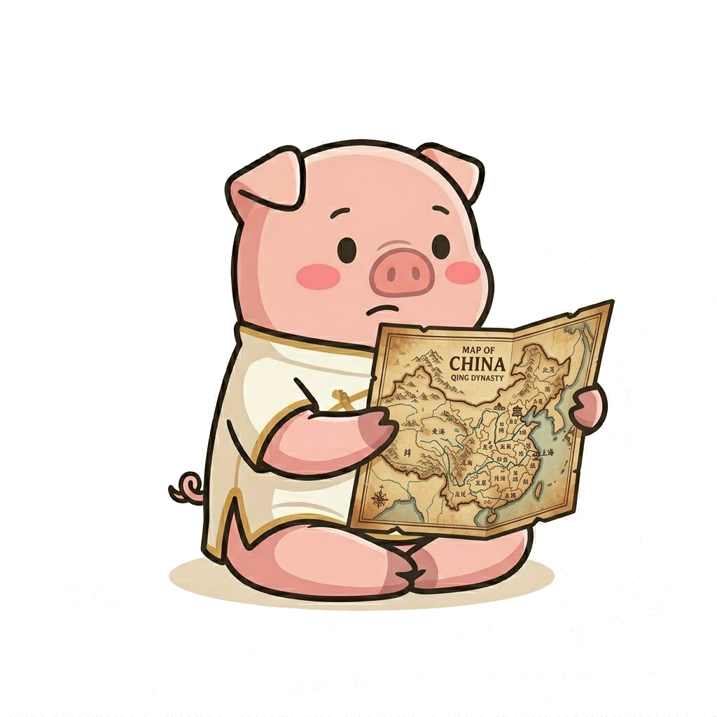 Bao the pink piglet mascot holding a map of China