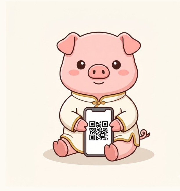 Bao the SINOGO pig in a gold-trimmed tang suit holding a phone with a QR code