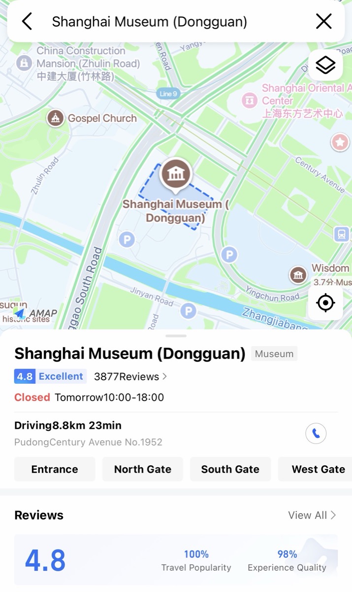 Map showing the Shanghai Museum East location at 1952 Century Avenue, Pudong