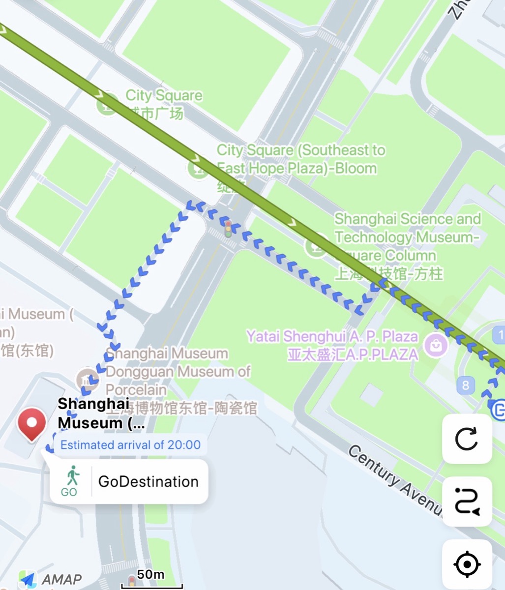 Walking route from Shanghai Science & Technology Museum (Line 2) Exit 8 to Shanghai Museum East
