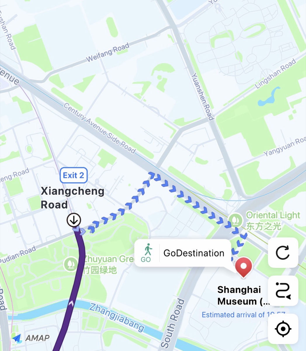 Walking route from Xiangcheng Road (Line 4) Exit 2 to Shanghai Museum East
