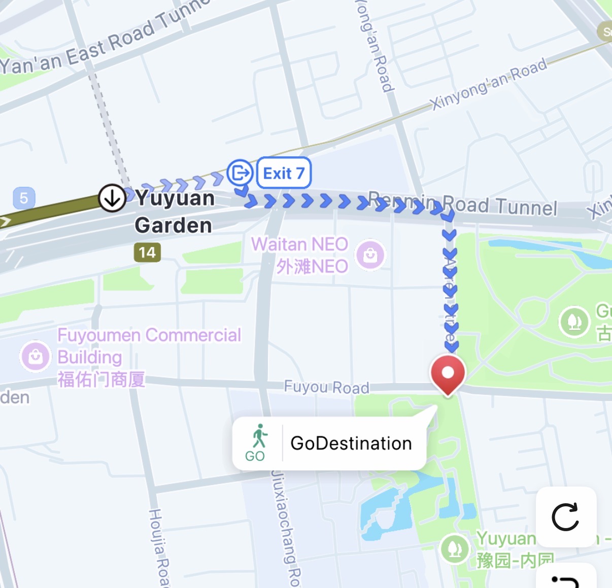 Walking route from Yuyuan Garden metro Exit 7, east then south to Yu Garden south gate