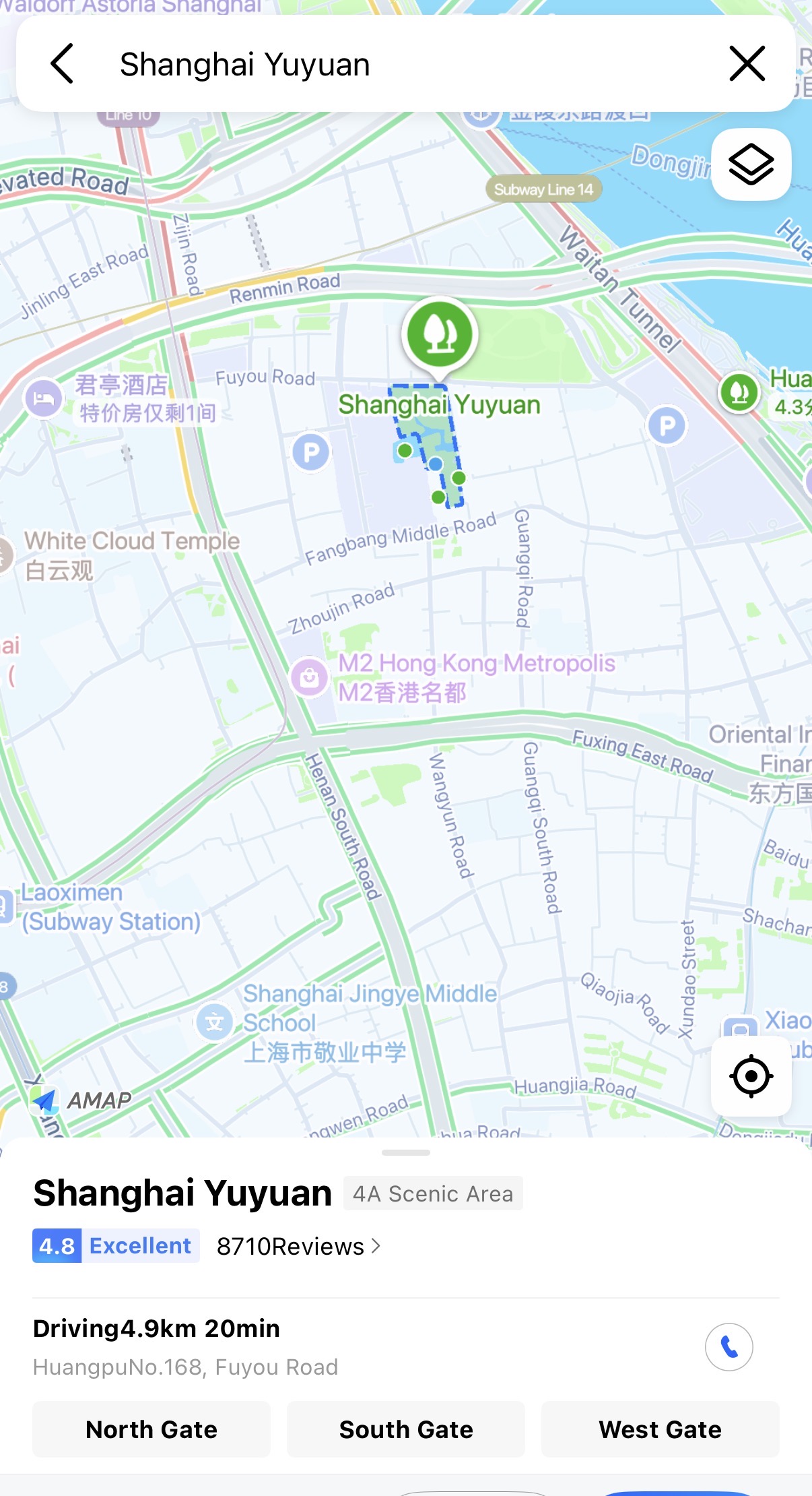 Map showing Shanghai Yuyuan with North Gate, South Gate, and West Gate marked, Fuyou Road location