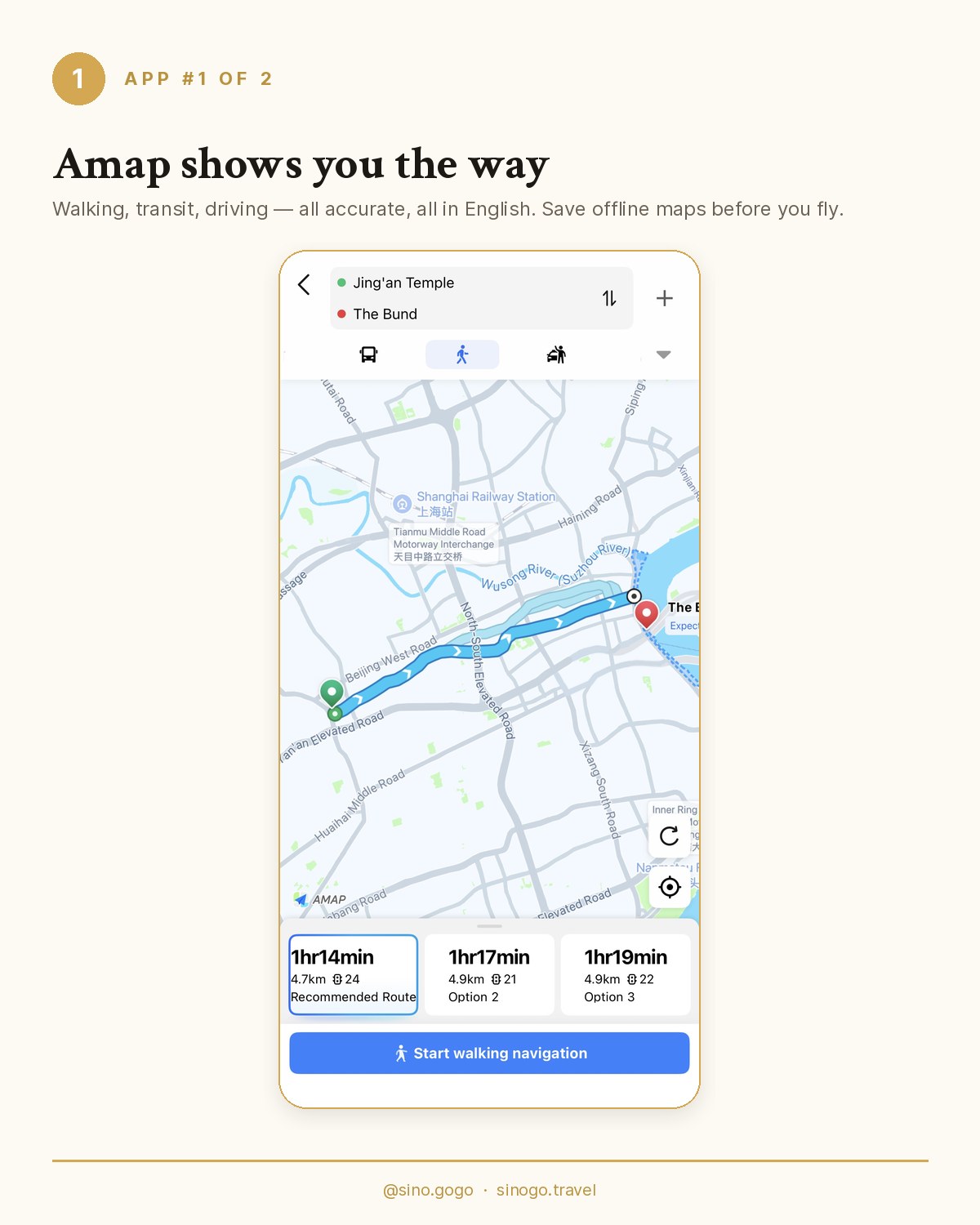 SINOGO illustration: Amap showing a walking route in Shanghai, with English search and offline map support
